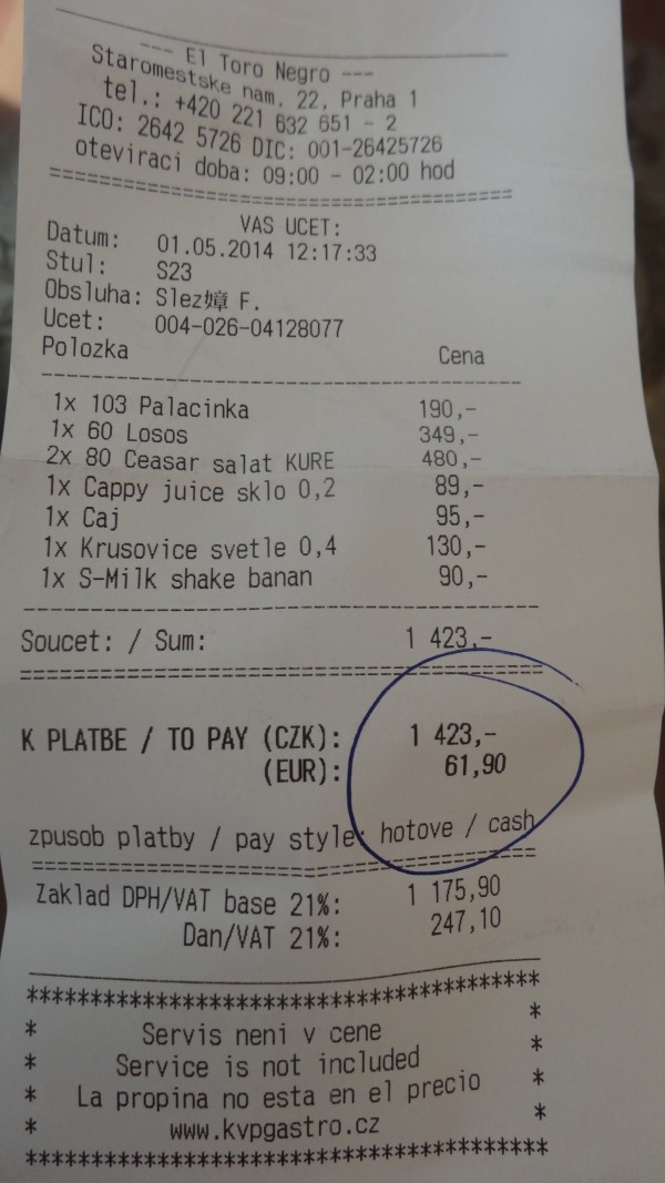 Цены в ресторанах Праги 2014