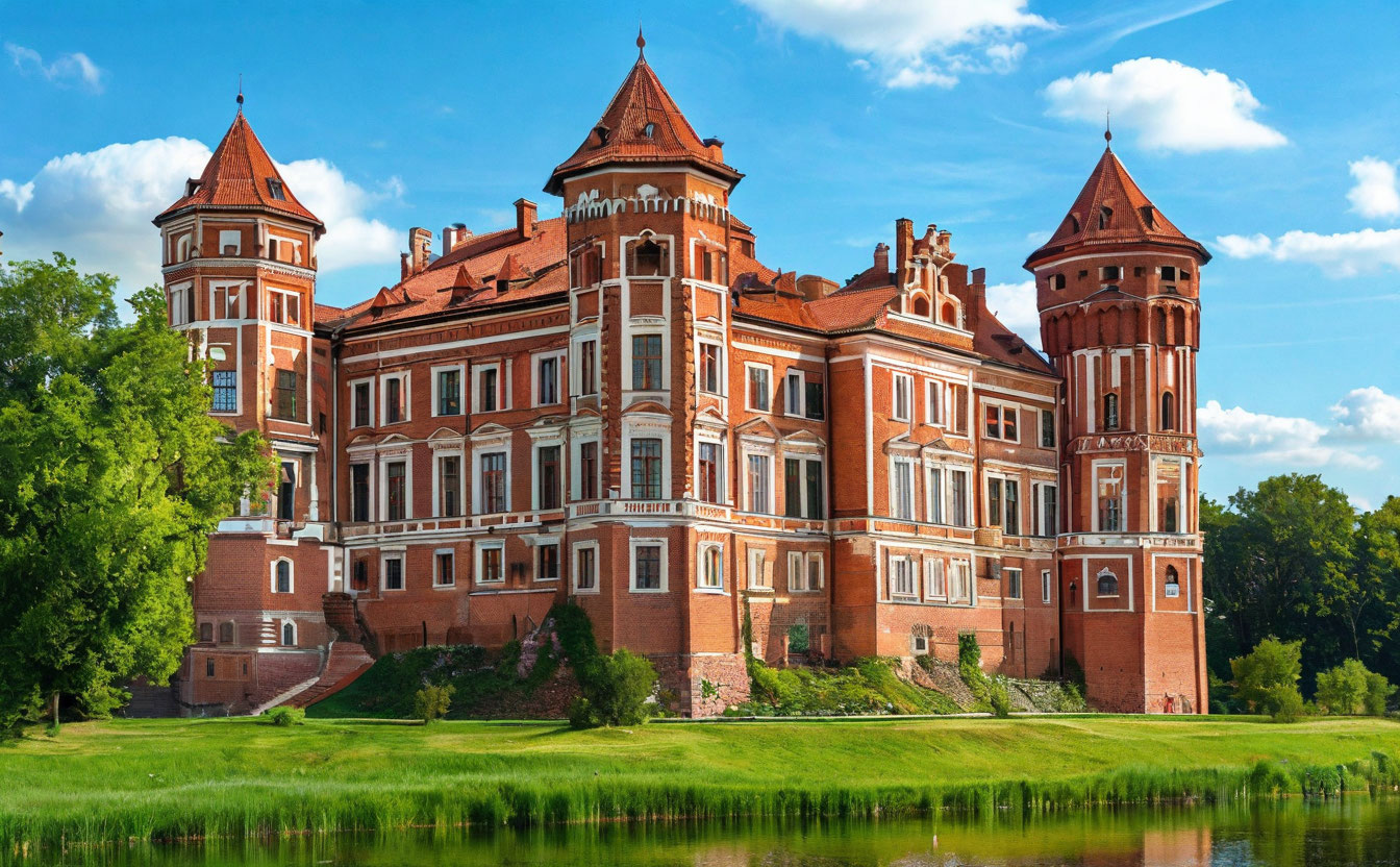 Мирский замок — готические башни на берегу пруда