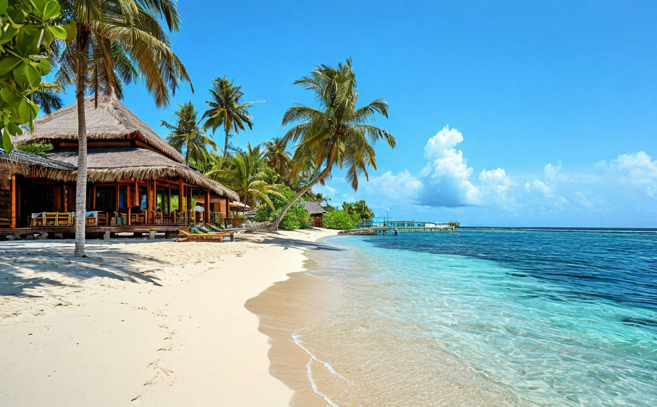 Мальдивы тропический остров с пальмами и лагуной вид сверху