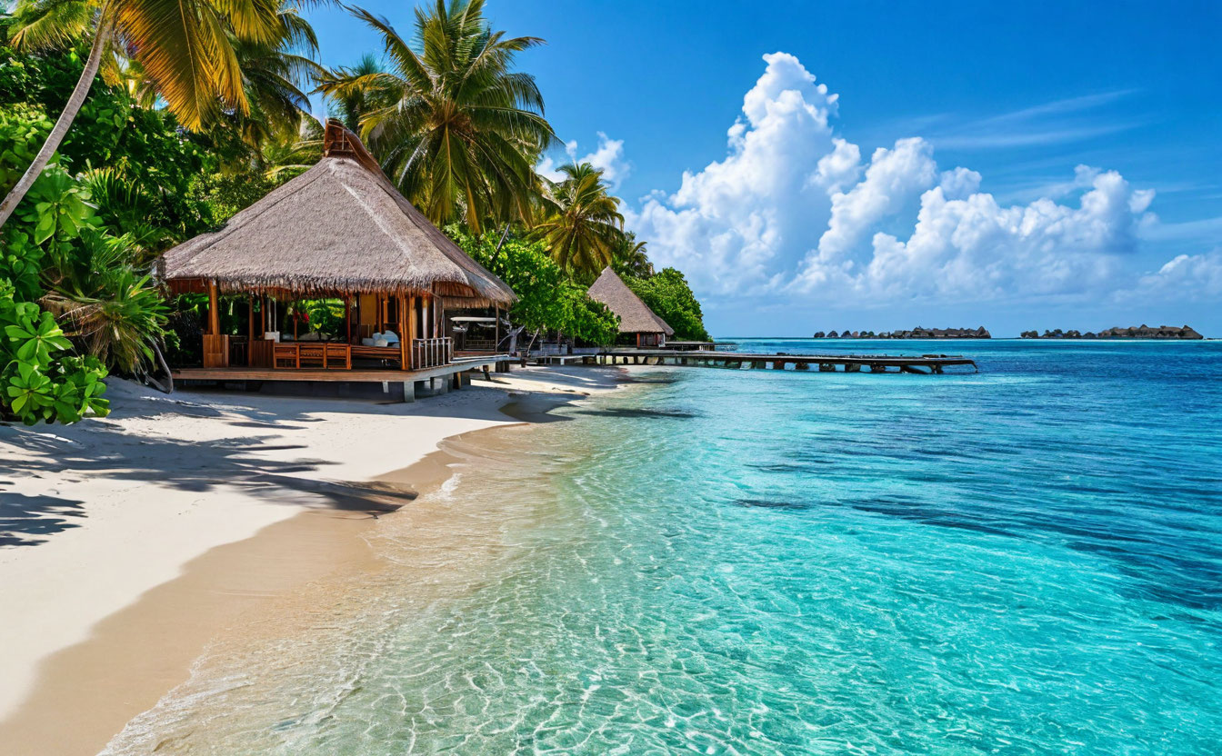 Мальдивы закат над океаном оранжевое небо и силуэты пальм