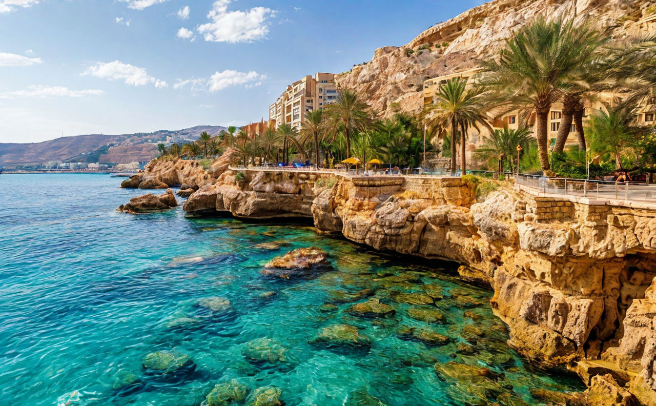 Эйлат Израиль курорт, пляж и городская набережная у Красного моря