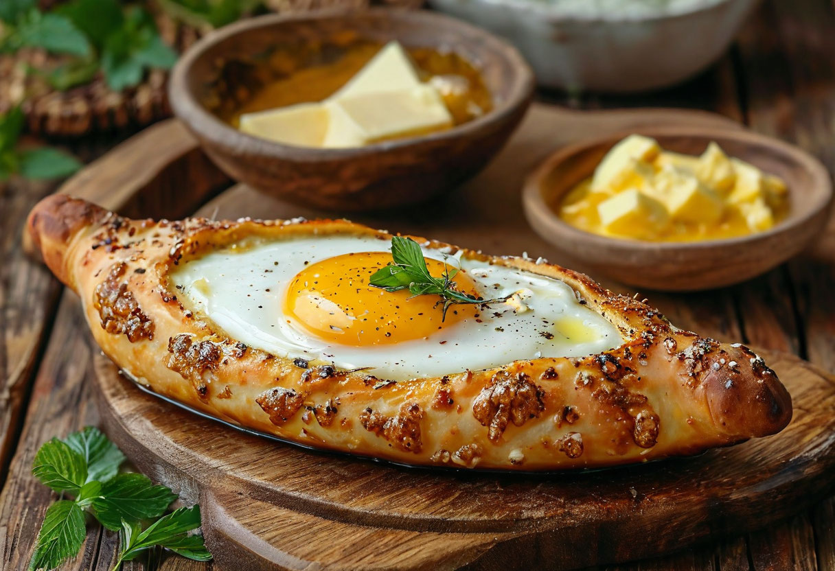 Абхазское хачапури лодочка с сыром яйцом и маслом