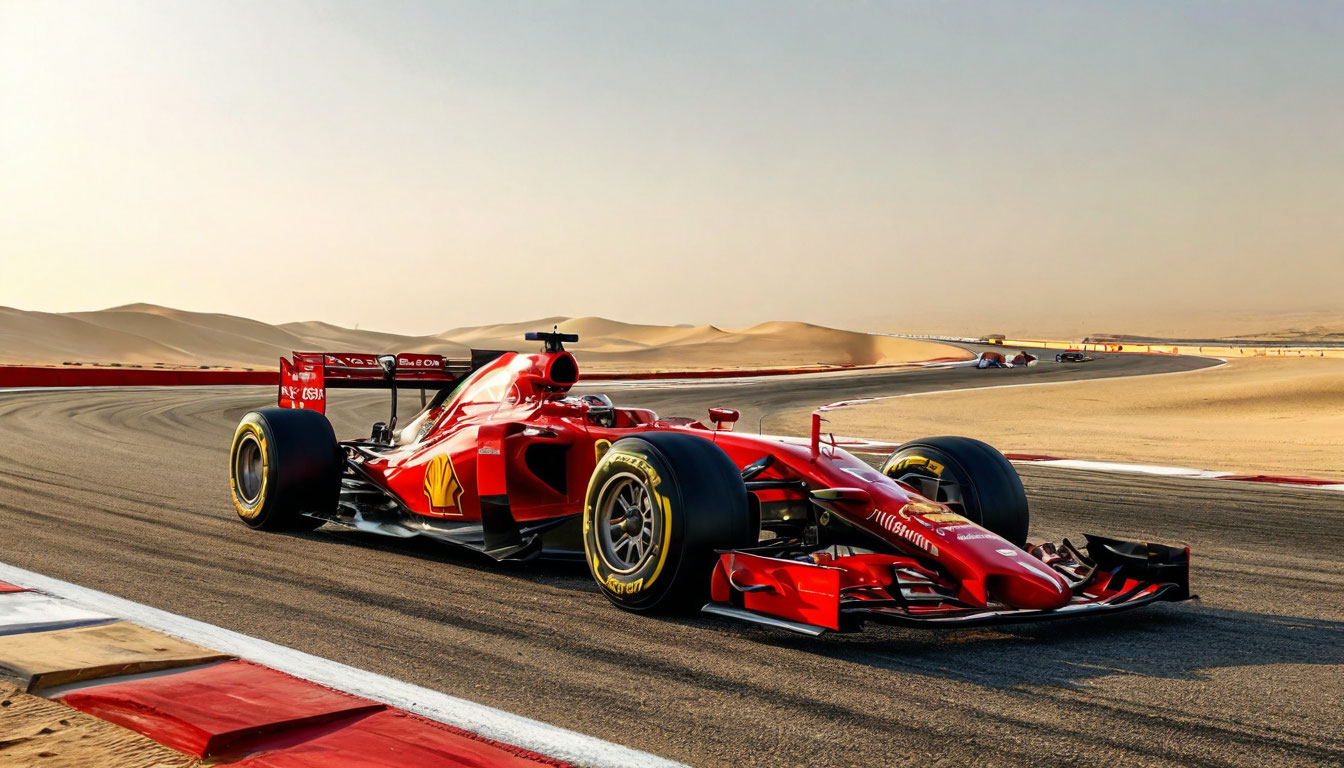 Гран-при Бахрейна Сахир, гоночный болид Формулы 1 на трассе в пустыне у Манамы