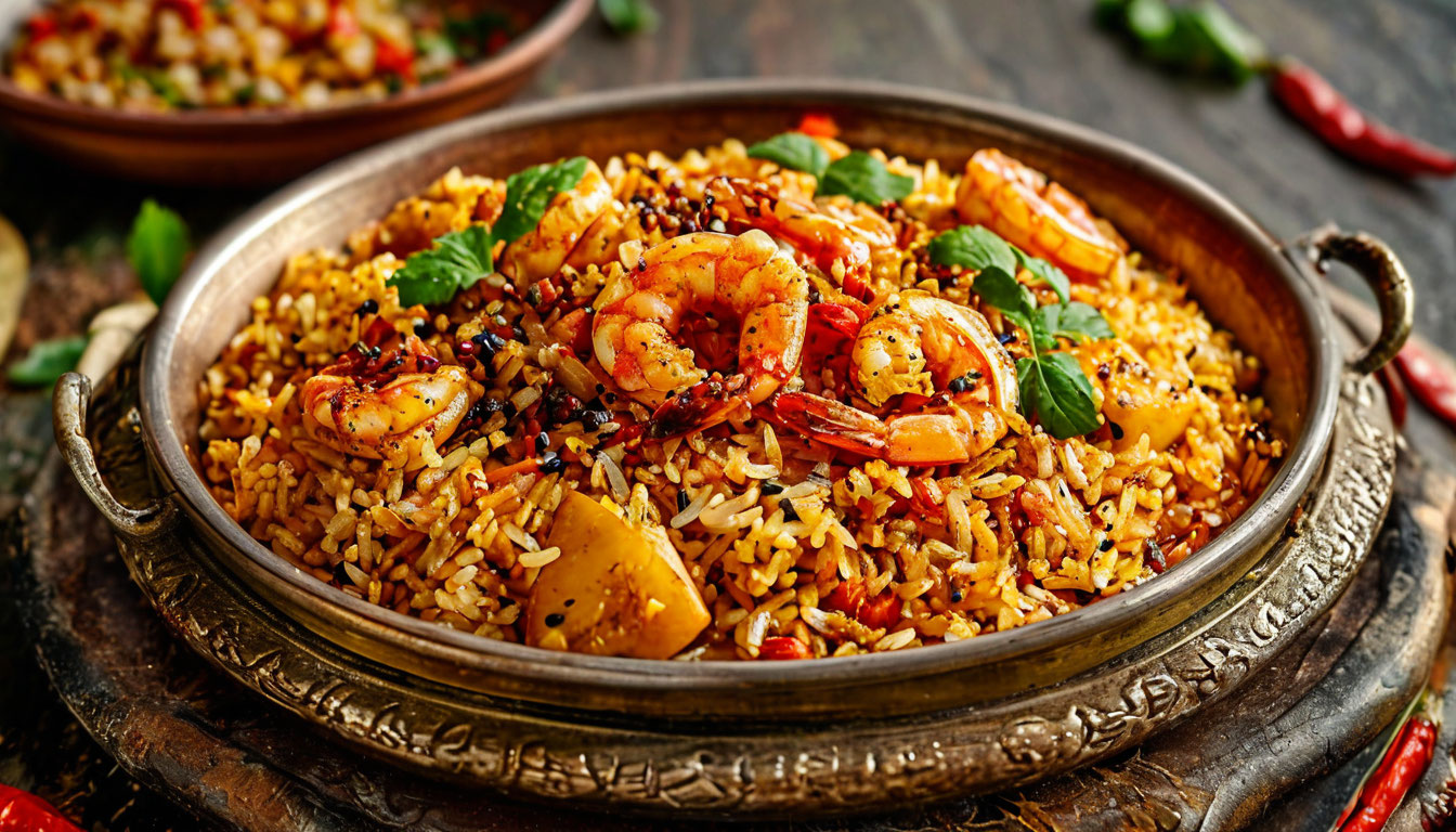 Бахрейнская кухня машбус, рис с креветками и специями на медном блюде