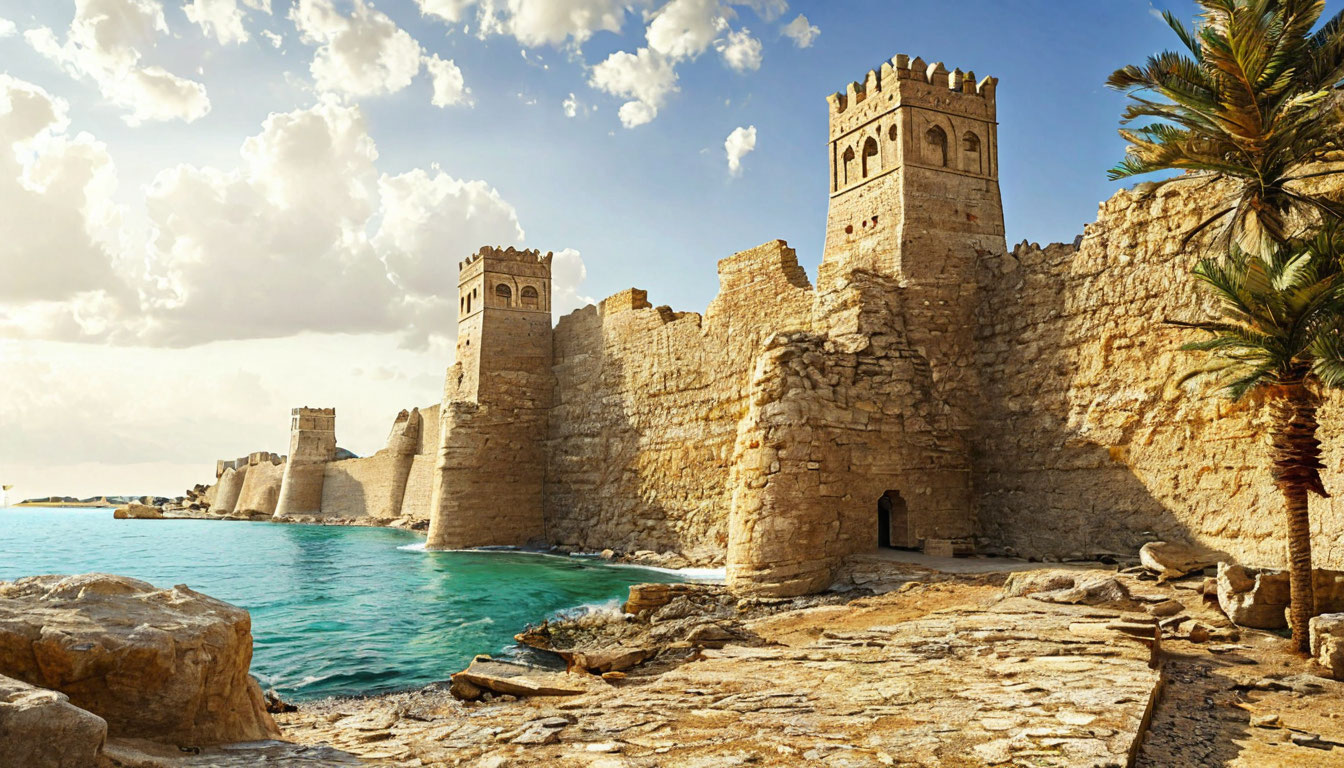 Бахрейнский форт Калат-аль-Бахрейн, древние руины на берегу Персидского залива