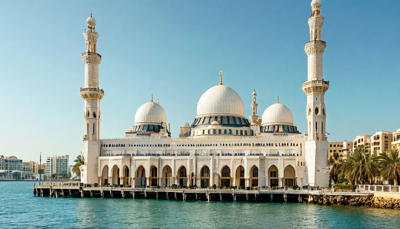 Большая мечеть Аль-Фатих Манама Бахрейн, белые купола и минарет на фоне залива
