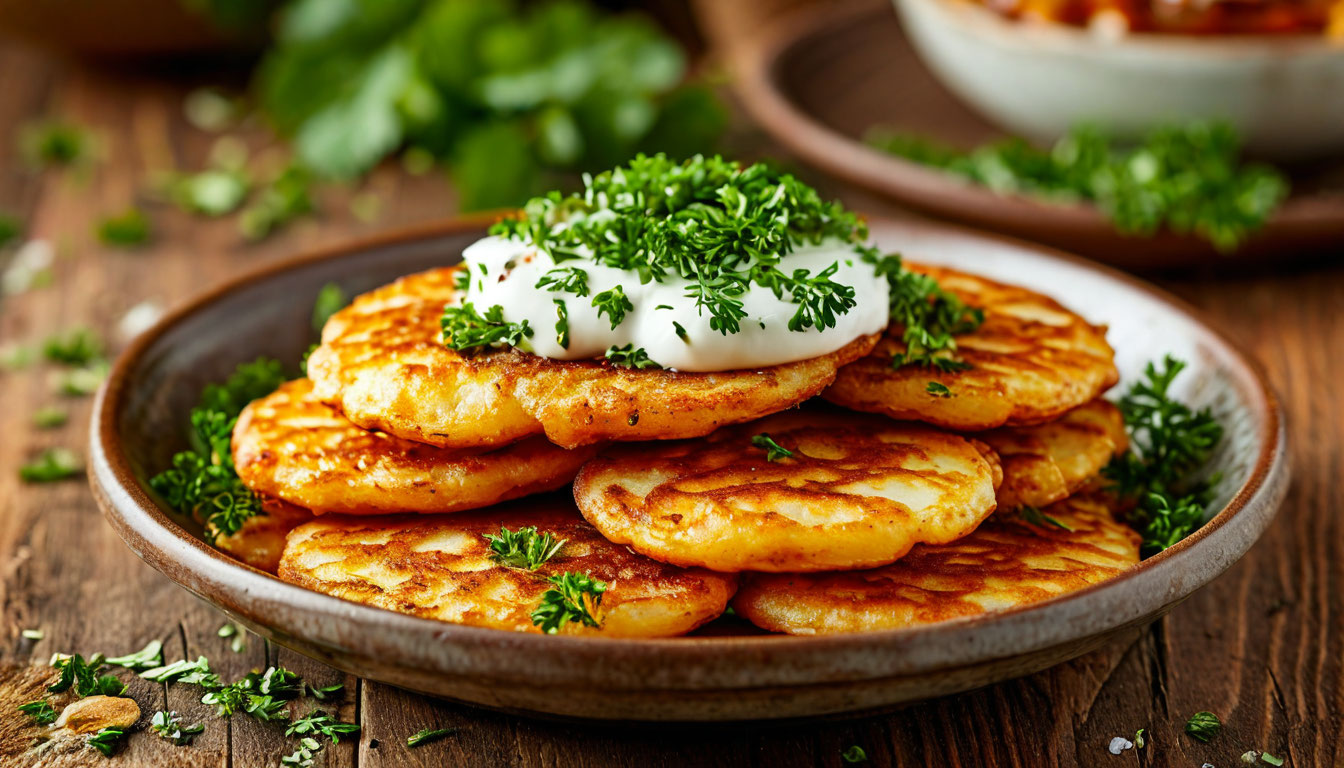 Белорусские драники со сметаной, картофельные оладьи на тарелке