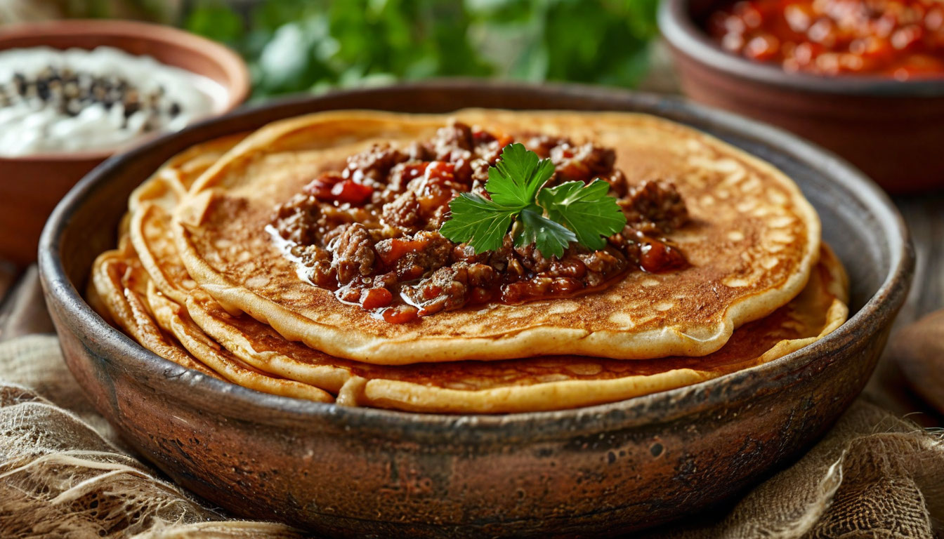 Белорусская мачанка с блинами, мясной соус в глиняной миске