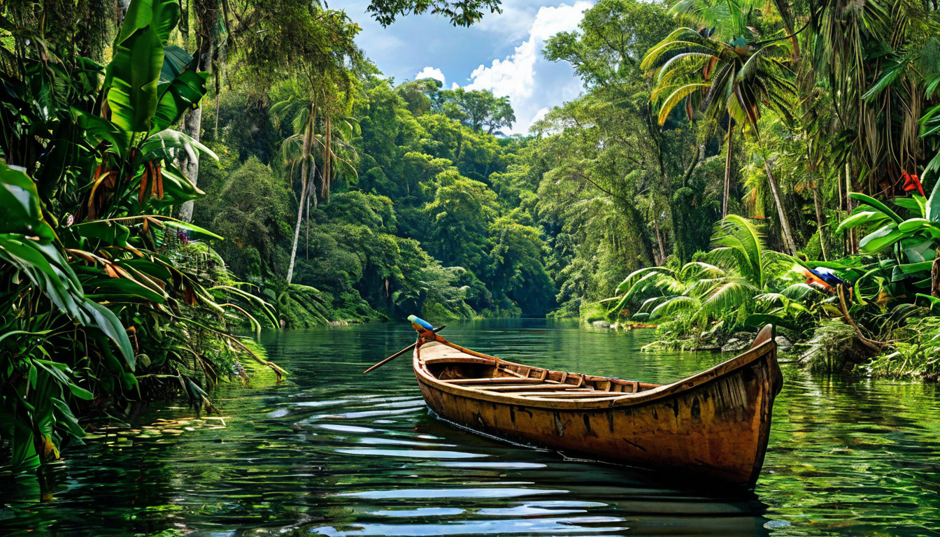 Амазония Боливия, Руренабак, лодка в реке через джунгли с попугаями и зелёной растительностью