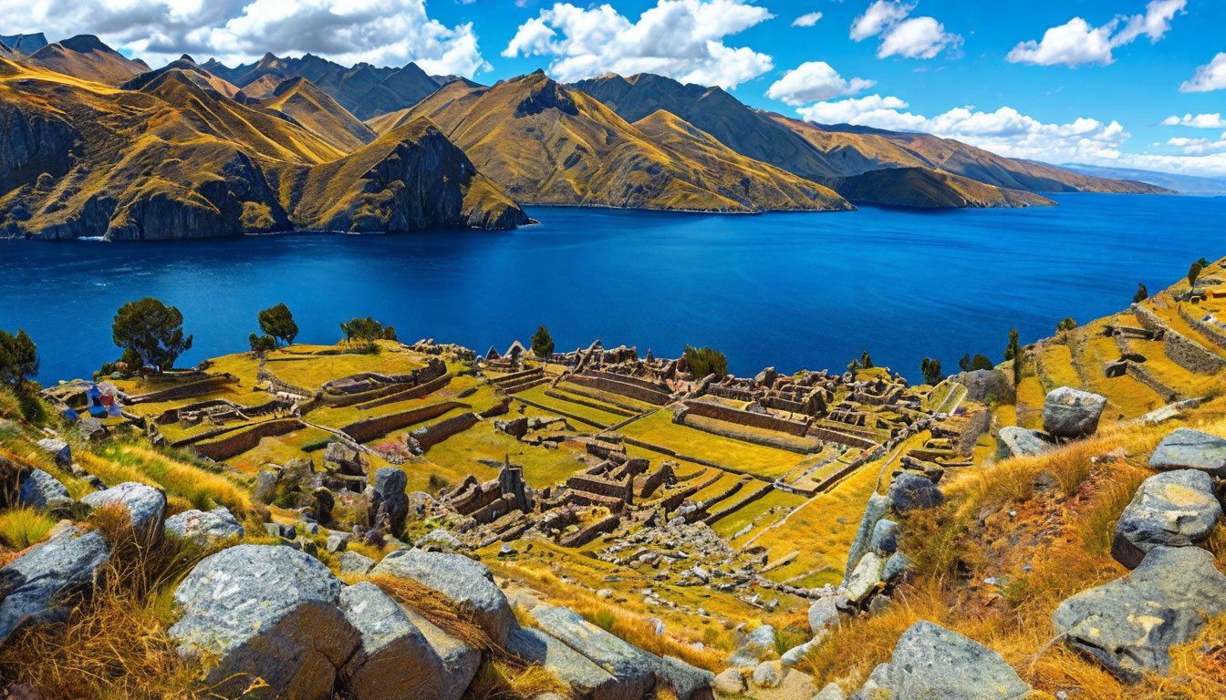 Остров Солнца на Титикаке Боливия, инкские руины и террасы на холмах с видом на синюю воду