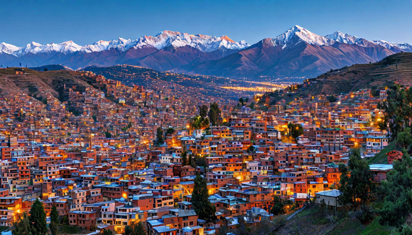 Ла-Пас Боливия, город в кратере Анд с заснеженной горой Иллимани на фоне
