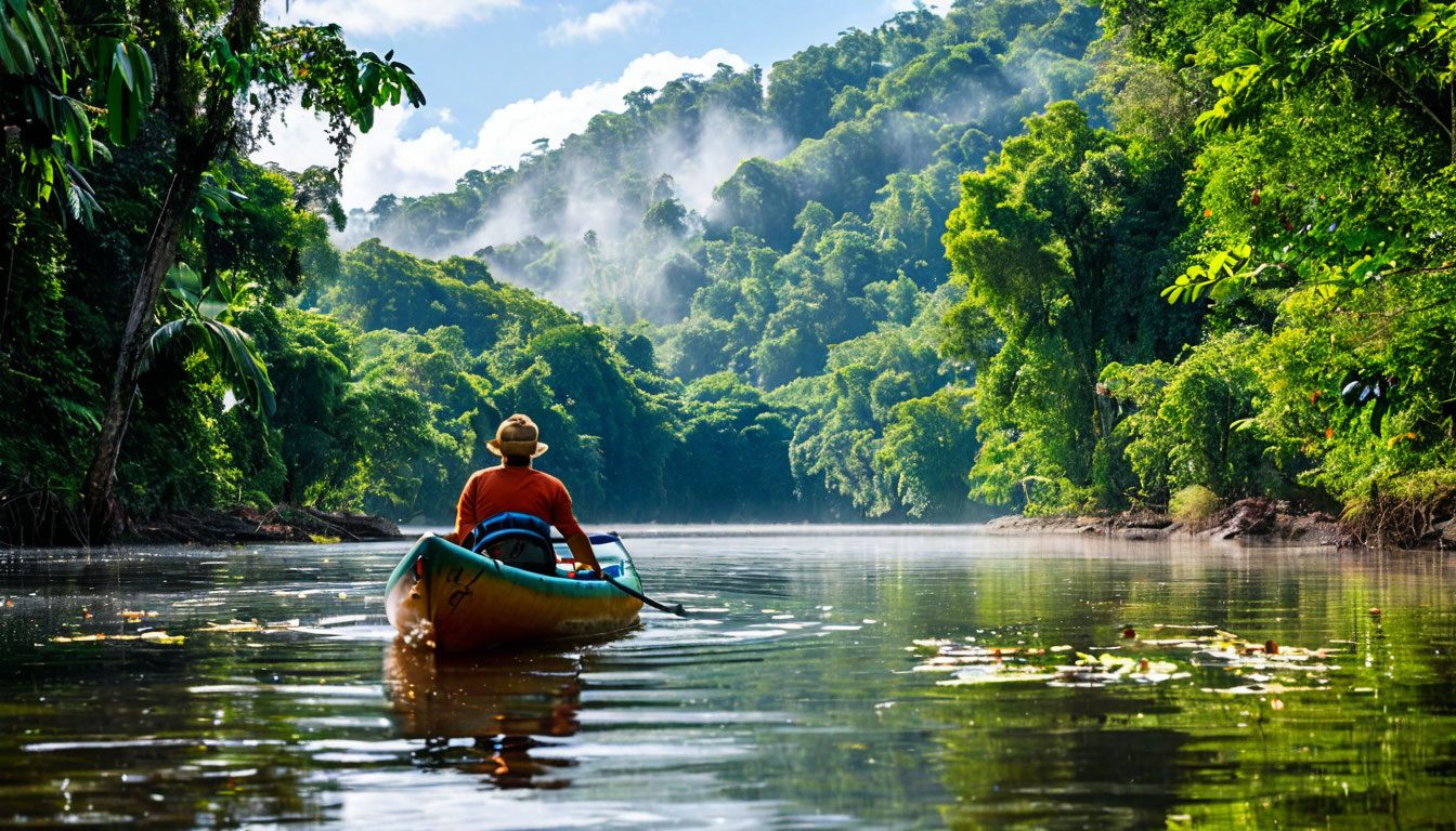 Парк Мадиди Боливия, тропический лес с туманом над рекой и каноэ местного гида