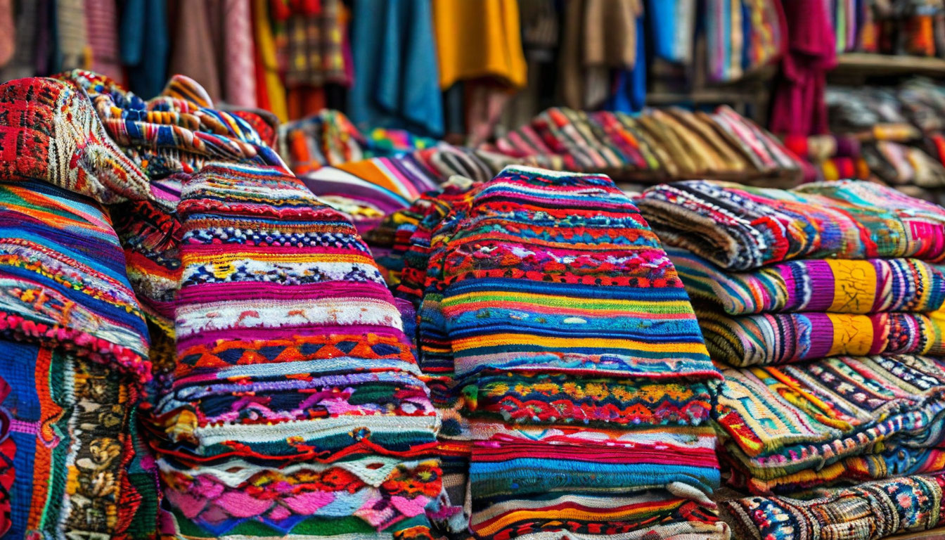 Рынок Ведьм в Ла-Пасе Боливия, разноцветные шерстяные пончо и сувениры на лотках