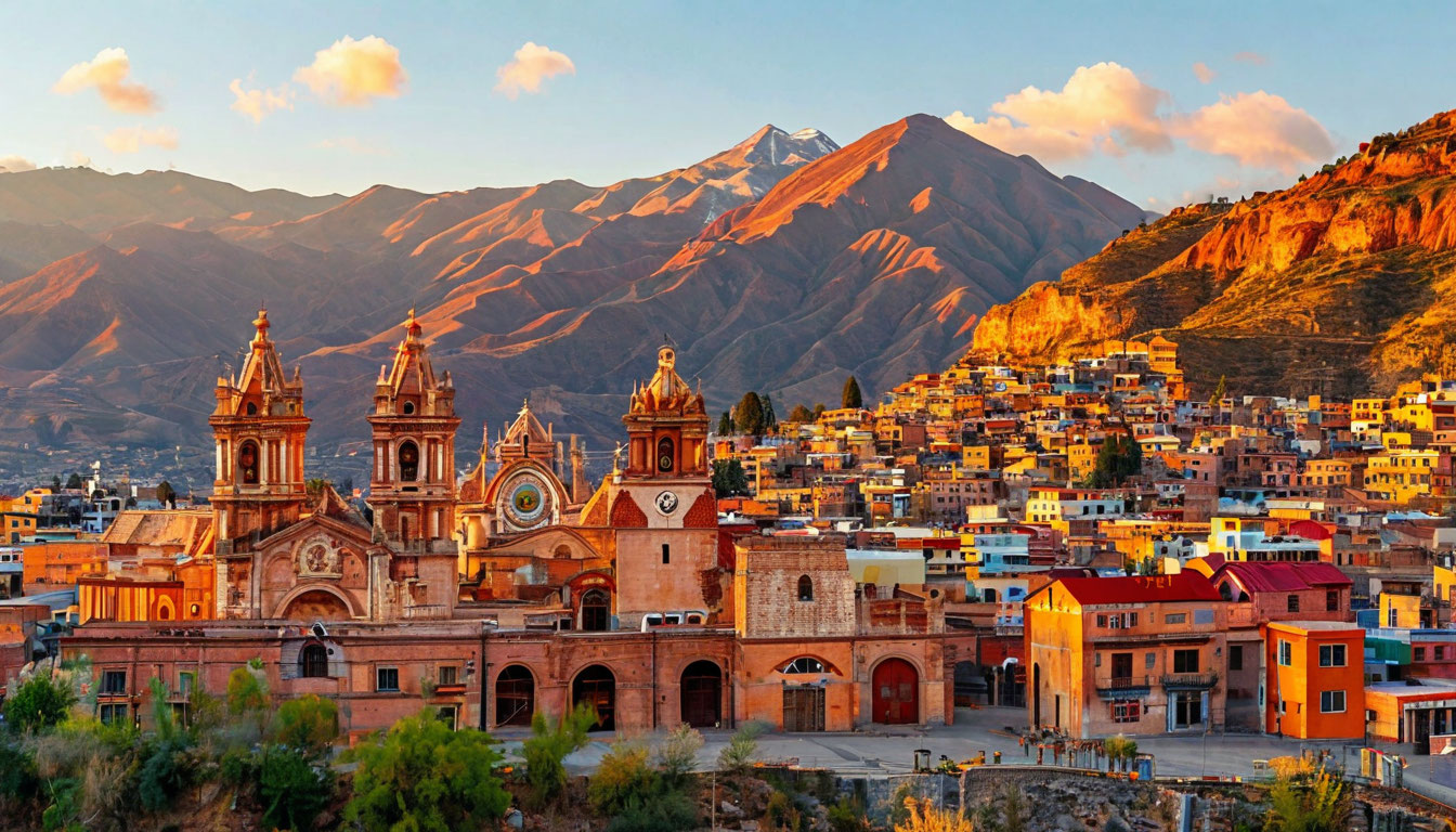 Город Потоси Боливия, колониальные церкви и красная гора Серро-Рико на фоне