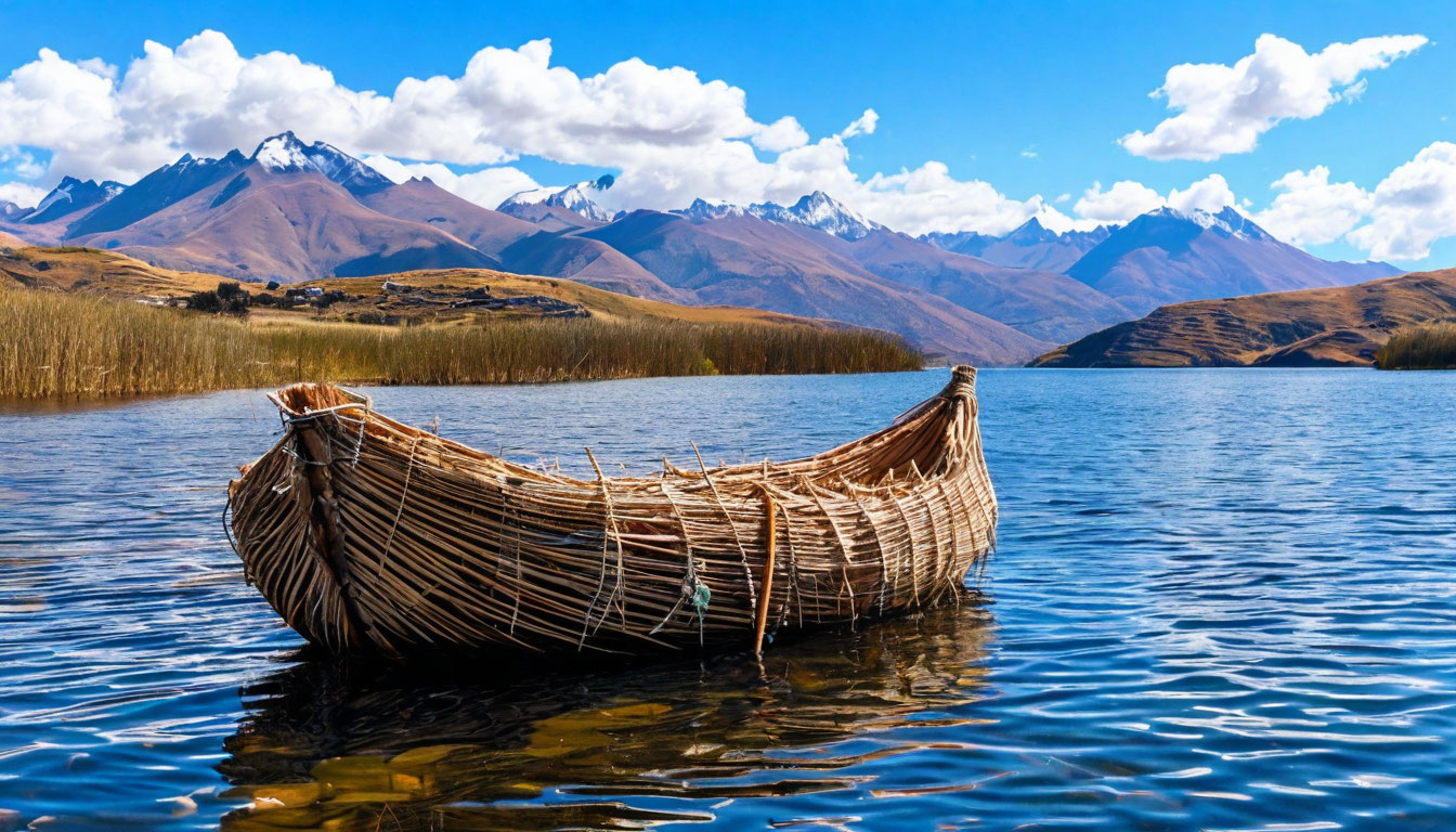 Озеро Титикака Боливия, тростниковая лодка местных жителей на синей воде с горами на горизонте