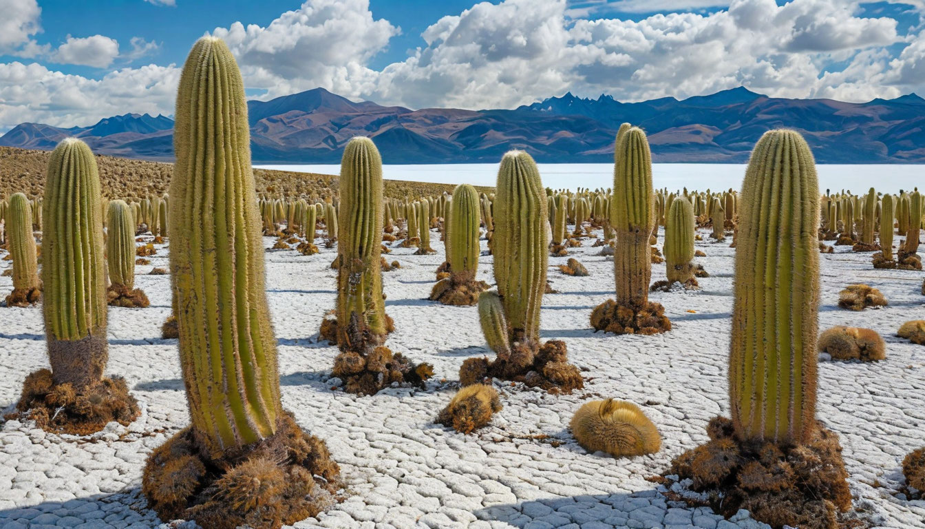 Остров Инкауаси на солончаке Уюни Боливия, гигантские кактусы среди бесконечной белой соли