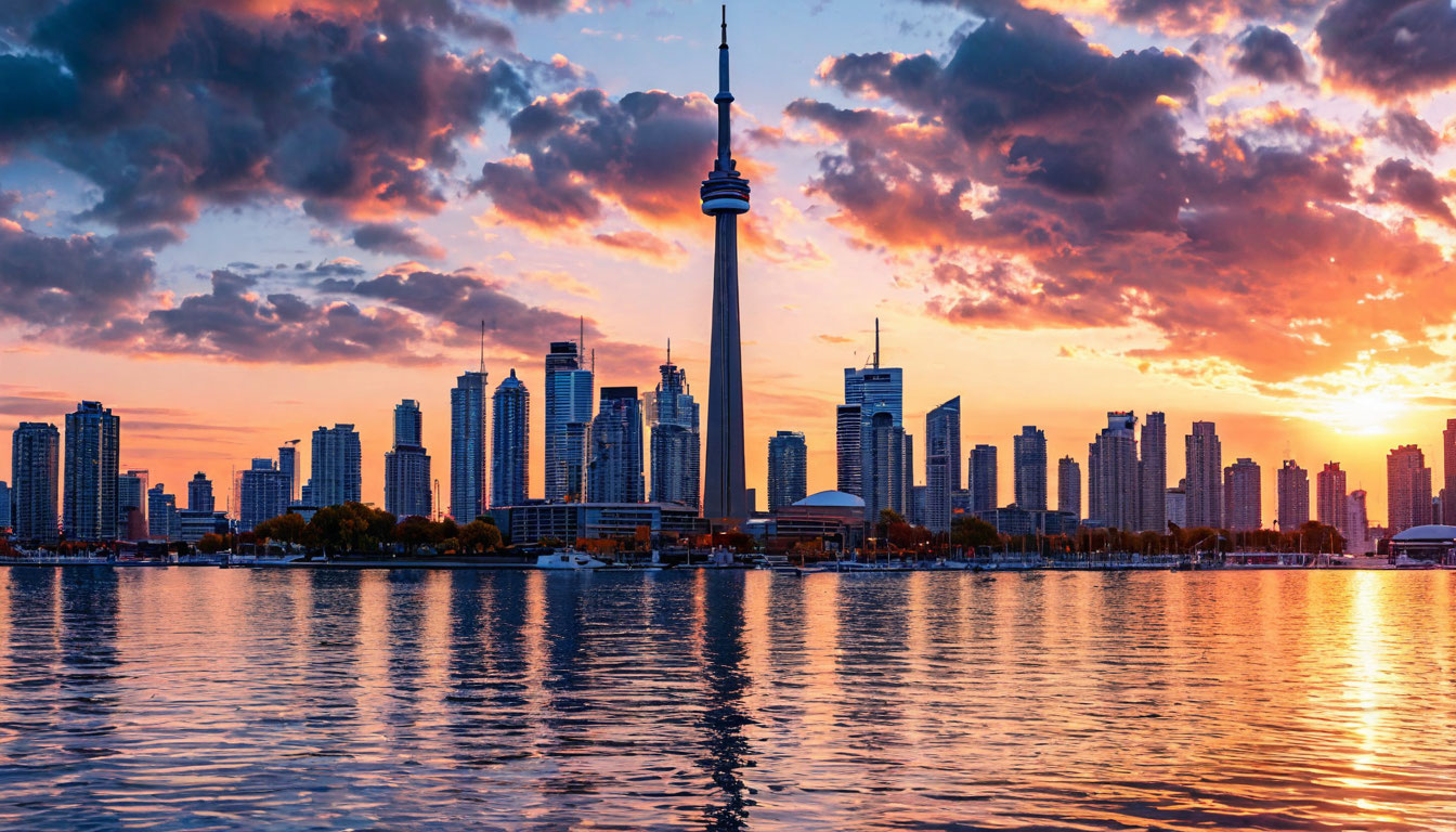 Торонто Канада панорама города с башней CN Tower и озером Онтарио