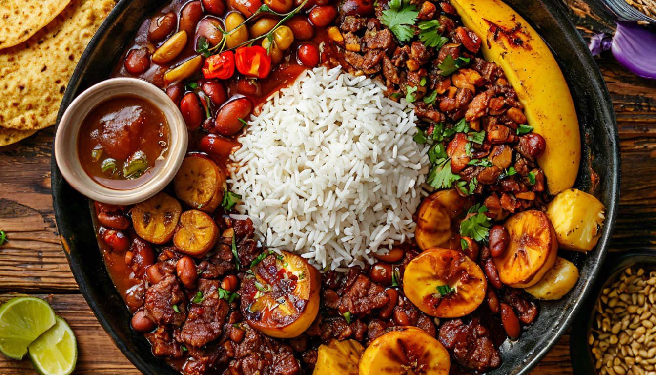 Бандеха-пайса колумбийская кухня с фасолью рисом мясом и плантанами