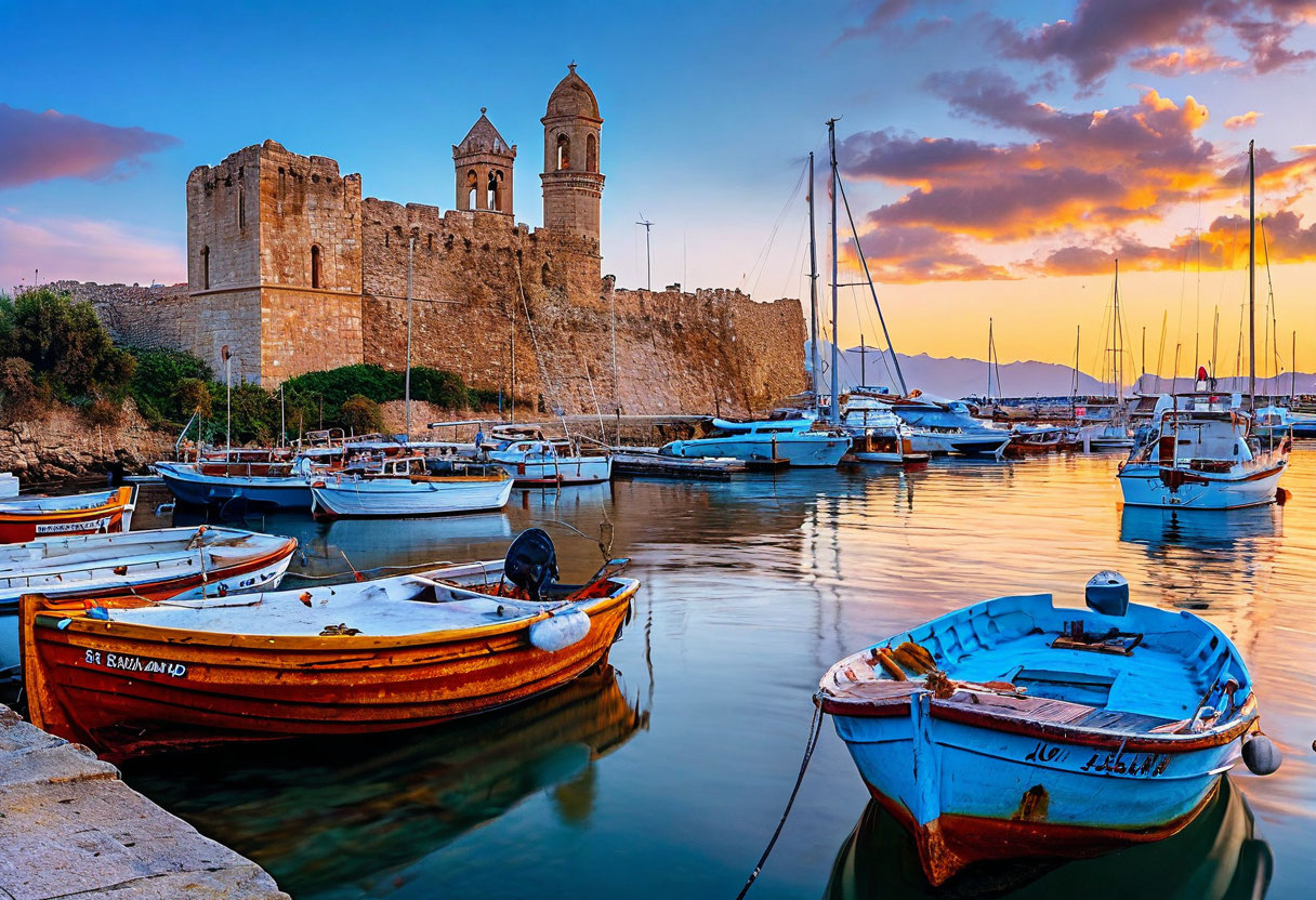 Гавань Пафос Кипр средневековый замок рыбацкие лодки