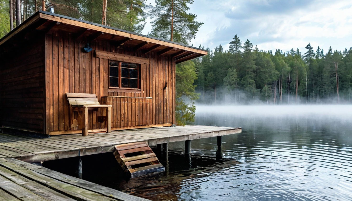 Финская сауна на берегу озера купель пирс