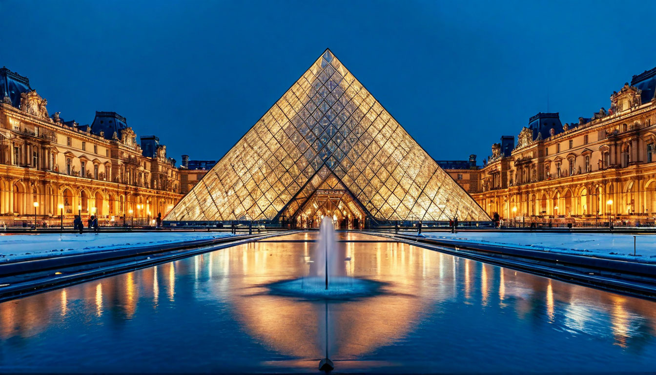 Лувр пирамида Париж Франция достопримечательности ночью