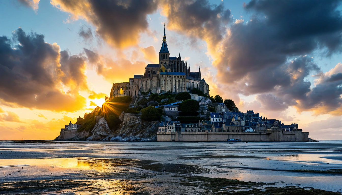 Мон-Сен-Мишель аббатство Франция Нормандия отлив