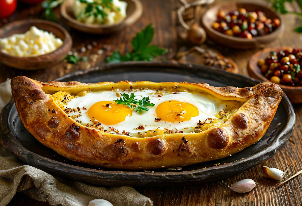 Хачапури по-аджарски грузинская кухня с сыром яйцом и маслом