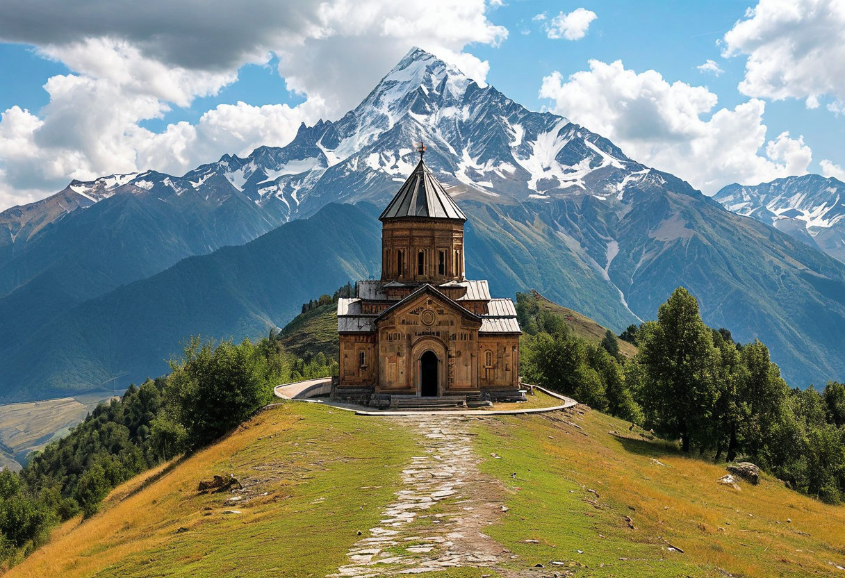 Церковь Гергети с горой Казбек Грузия Кавказ