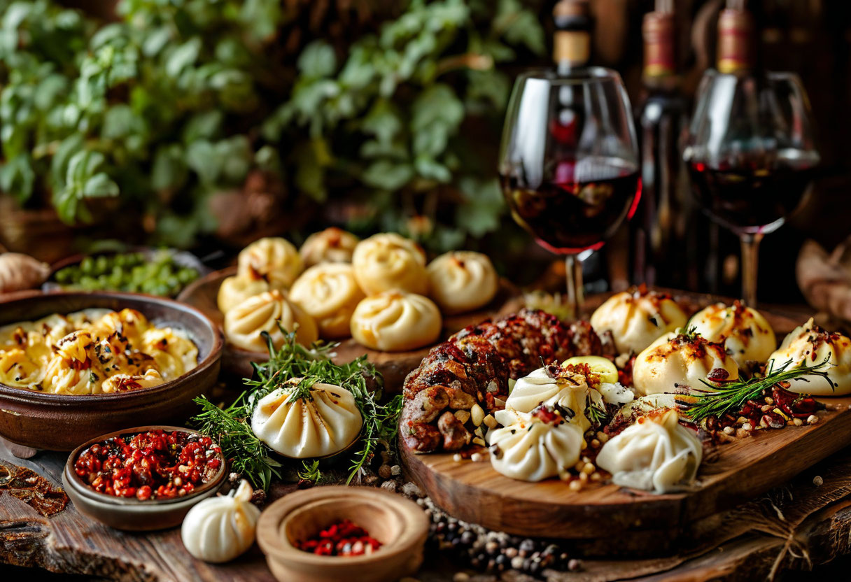 Грузинская супра традиционное застолье с вином и хачапури