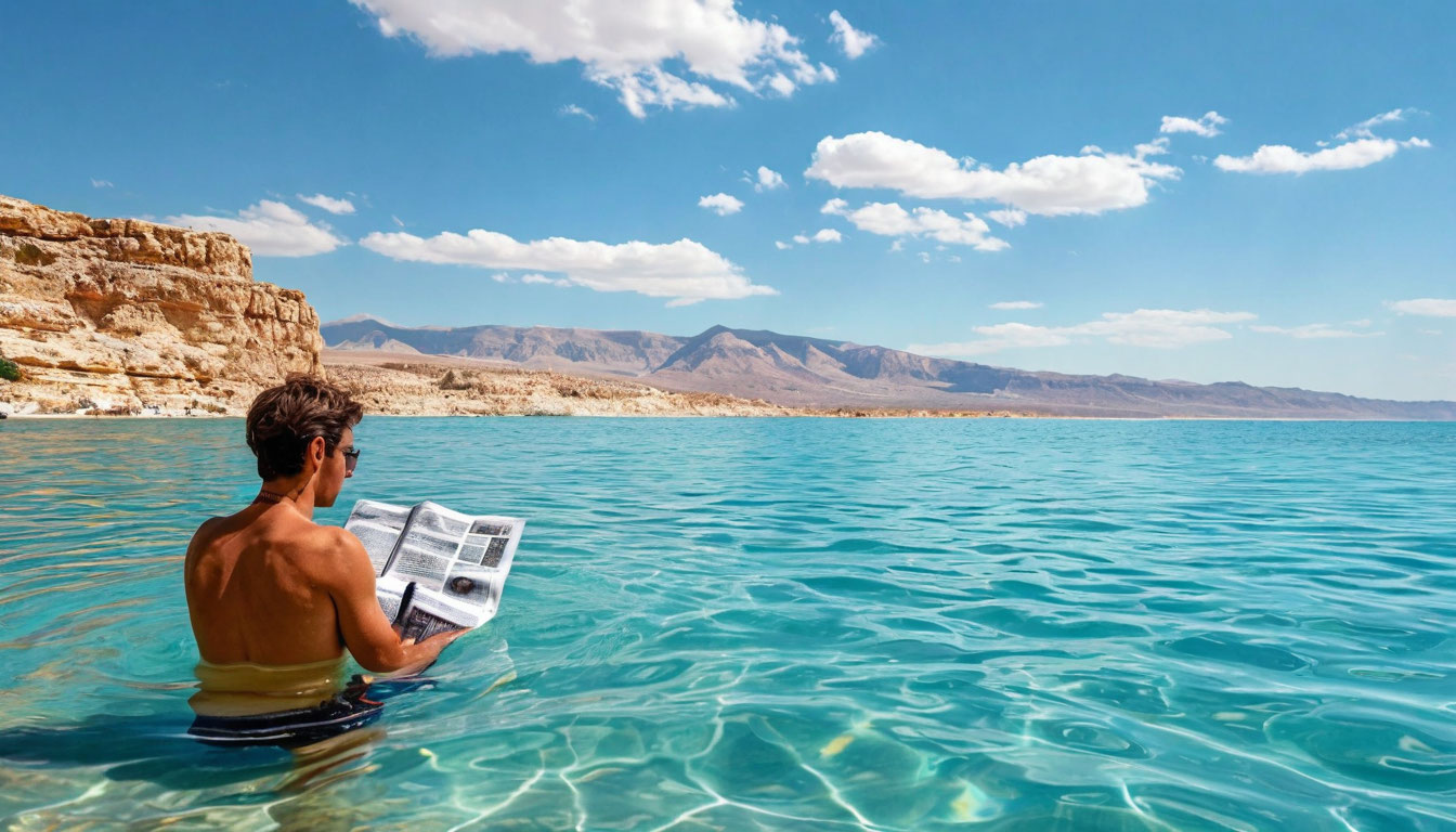 Купание в Мёртвом море Израиль, человек плывёт в высококонцентрированной воде