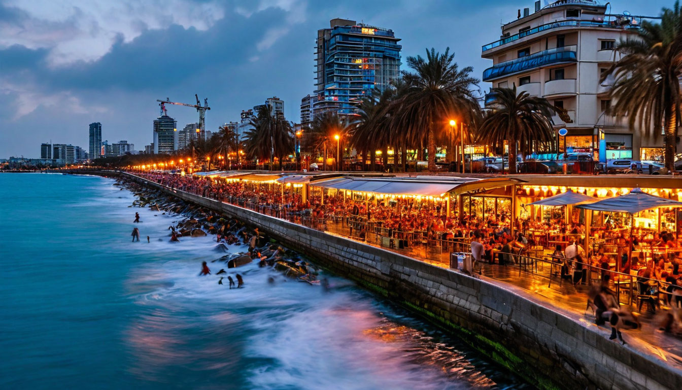 Тель-Авив ночная набережная, огни города и Средиземное море ночью