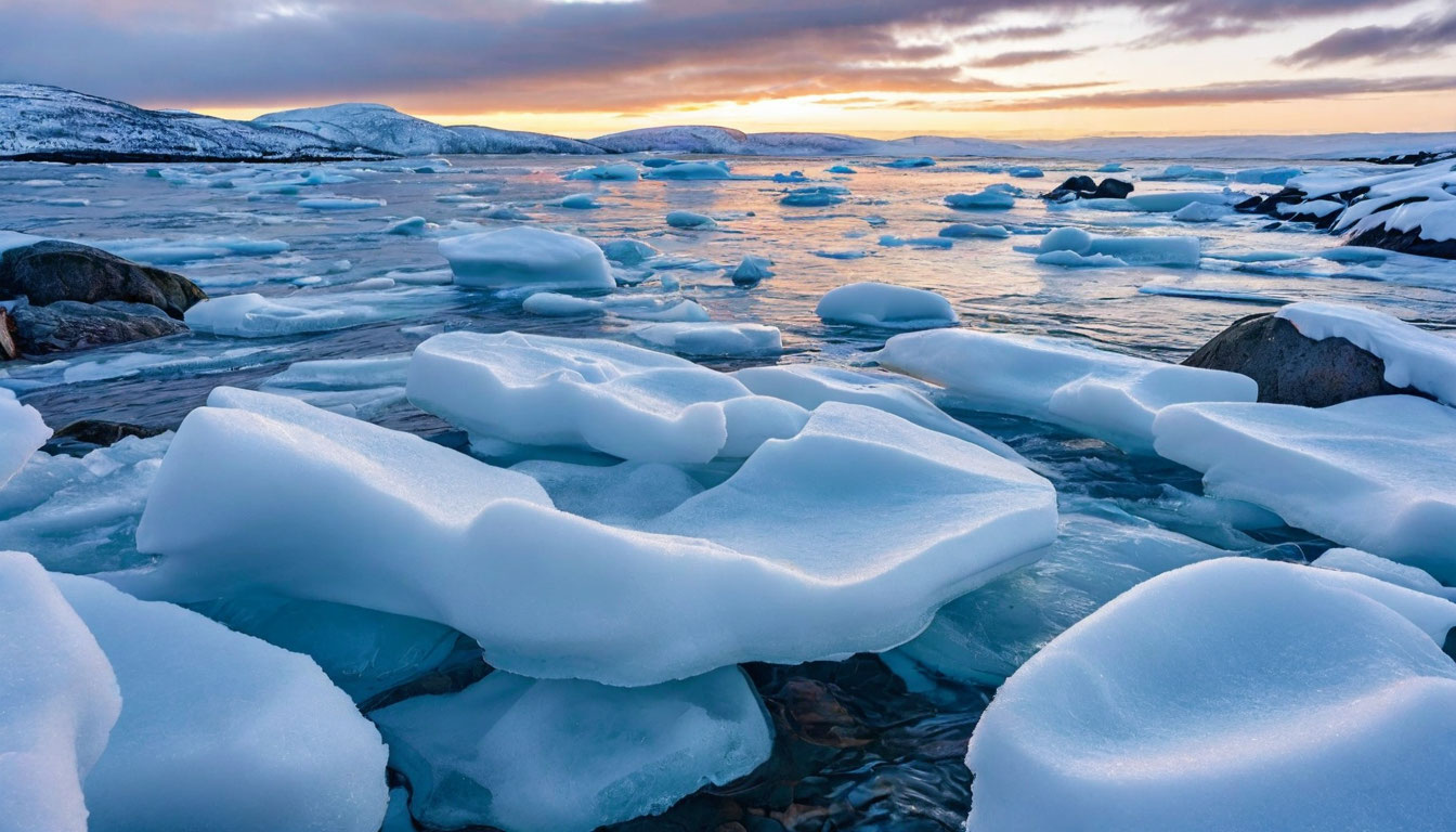 Кандалакшский залив у горнолыжного курорта Кандалакша: арктические торосы зимой
