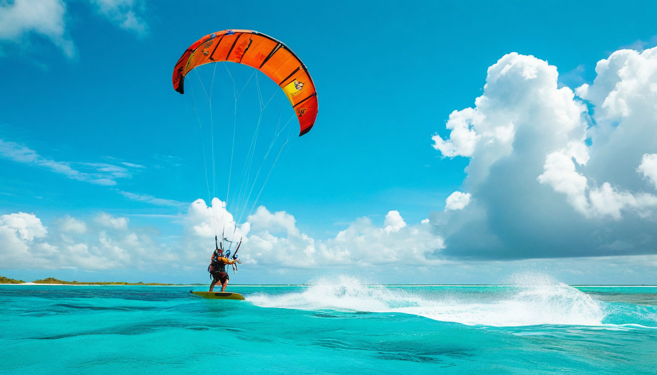 Кайтсёрфинг Лос-Рокес, яркий парус кайта над бирюзовой лагуной с плоской водой