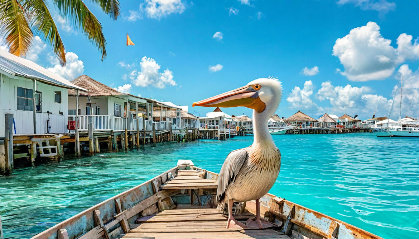 Пеликан на лодке у причала Гран-Рок Лос-Рокес, бирюзовая вода и белые домики на берегу