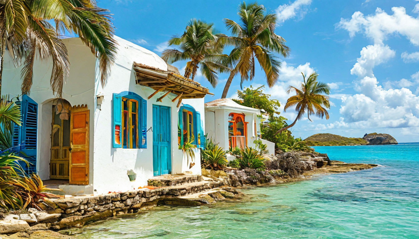 Гостевой дом posada на Гран-Роке Лос-Рокес, белые домики с яркими ставнями и пальмами у моря