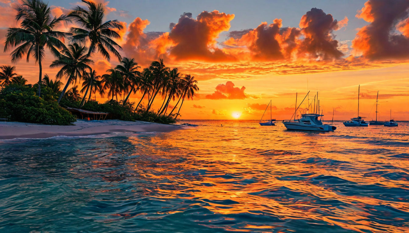 Закат на Карибском море Лос-Рокес, силуэты пальм и оранжевое небо над лодками у причала