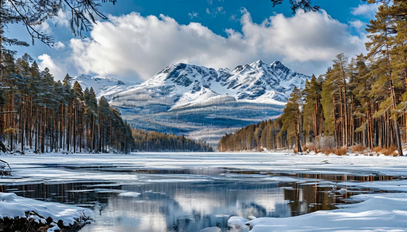 Озеро Манжерок зимой у горнолыжного курорта: пейзаж Горного Алтая