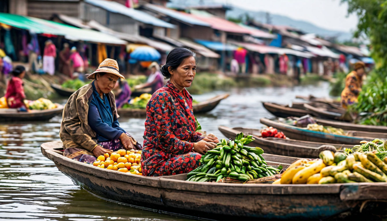 Плавучий рынок на озере Инле, торговцы на лодках