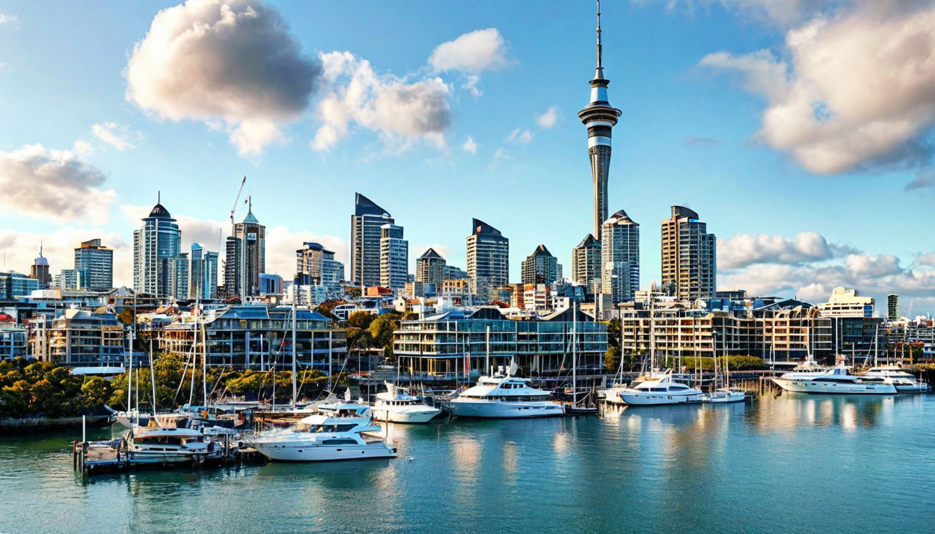 Окленд Новая Зеландия панорама города с башней Sky Tower и яхтами в гавани