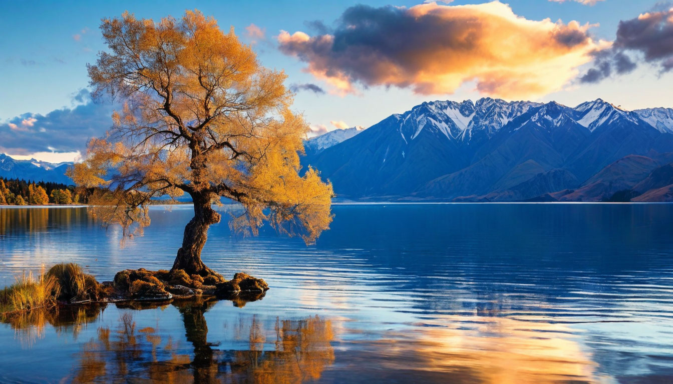 Уанака Новая Зеландия одинокое дерево That Wanaka Tree в озере с горами на закате