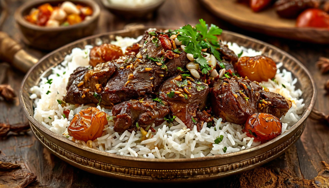 Оманская кухня шува, ягнёнок с рисом и финиками на медном блюде, традиционное блюдо праздников