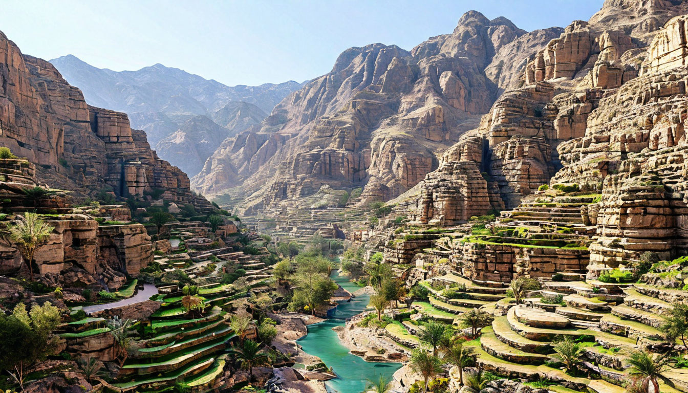 Горы Аль-Хаджар Оман, вид на каньон Джебель Ахдар с оазисом и террасами на склонах