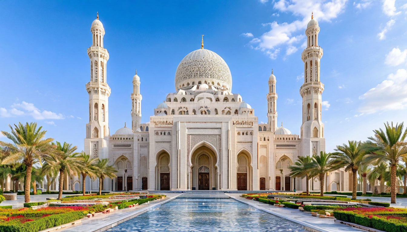 Маскат Оман, Большая Мечеть Султана Кабуса с белыми минаретами и куполом в ясный день