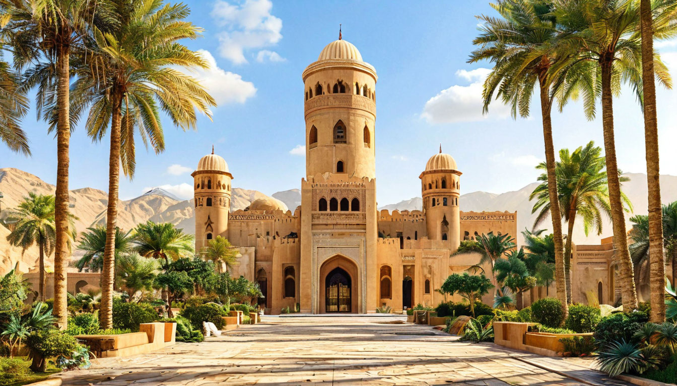 Низва Оман, древняя крепость с круглой башней и оазисом пальм на фоне в утреннем свете