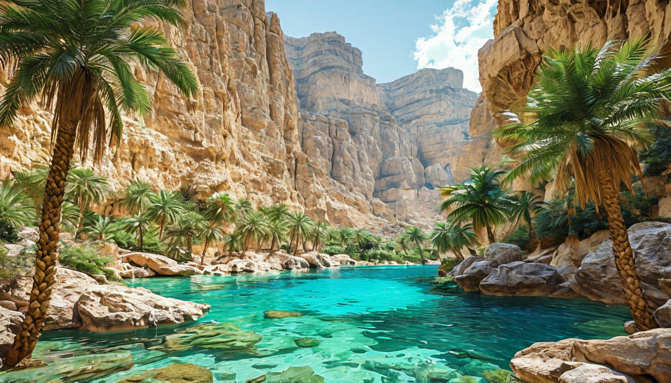 Вади Шаб Оман, бирюзовый каньон с озером и скалами, пальмы на берегу