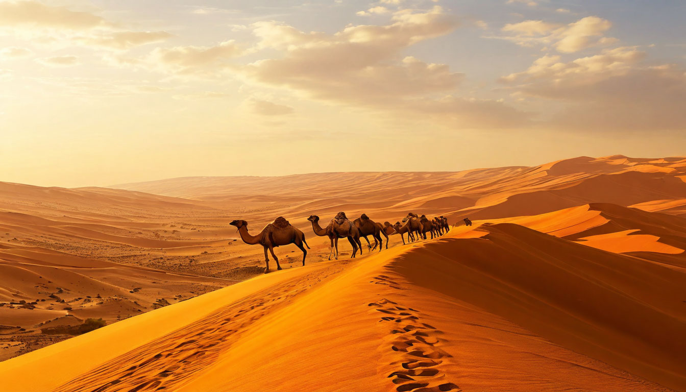 Пустыня Вахиба Оман, оранжевые песчаные дюны на закате, караван верблюдов на горизонте