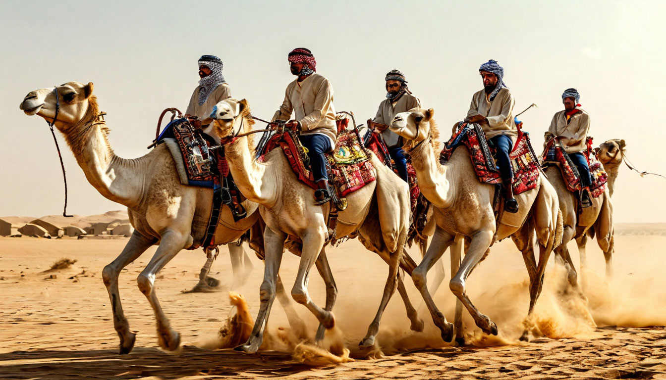 Верблюжьи бега Катар, белые верблюды бегут по пустыне в окрестностях Дохи