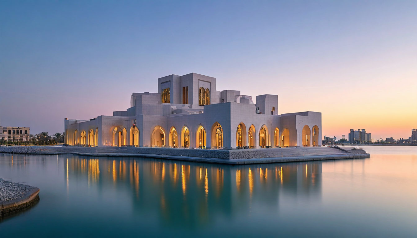 Музей исламского искусства Доха Катар, белое современное здание у залива на закате