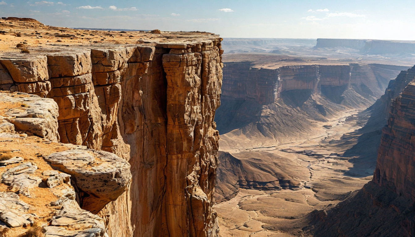 Эдж оф зе Уорлд Саудовская Аравия, обрыв скалы плато Тувайк над пустыней с видом на горизонт