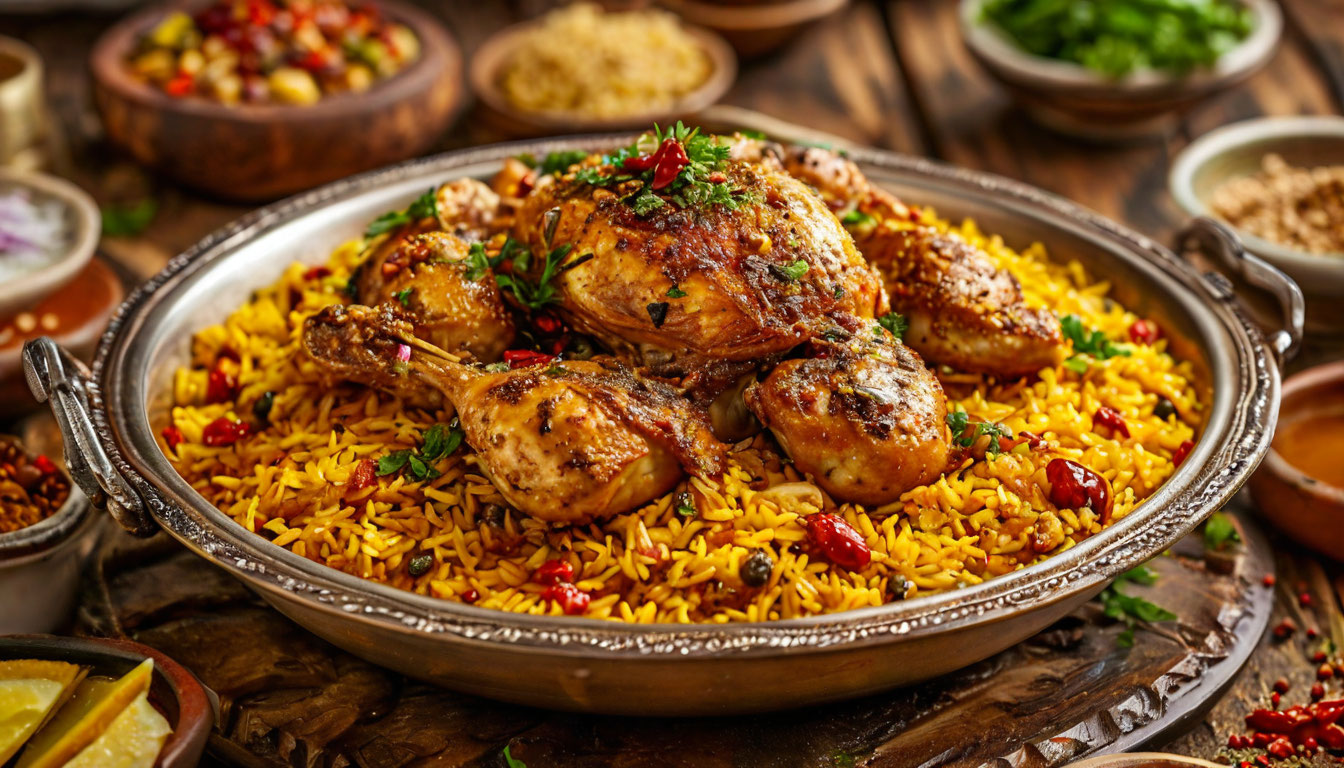 Саудовская кухня кабса, рис с курицей и специями на большом медном блюде